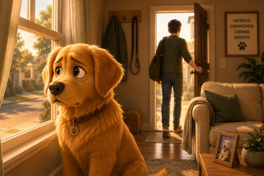 Golden retriever observando o tutor sair de casa pela porta da frente