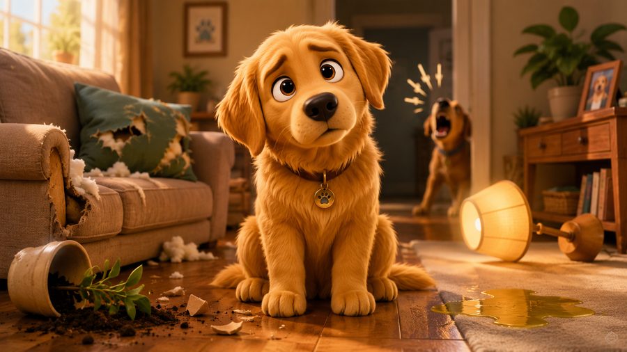 Filhote de golden retriever cercado de bagunça em casa: almofada rasgada, vaso derrubado e outro cão latindo ao fundo