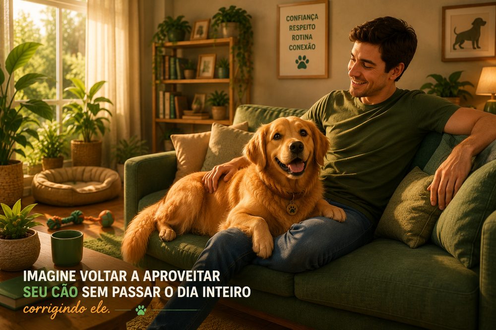 Tutor relaxado no sofá com o cão tranquilo ao lado