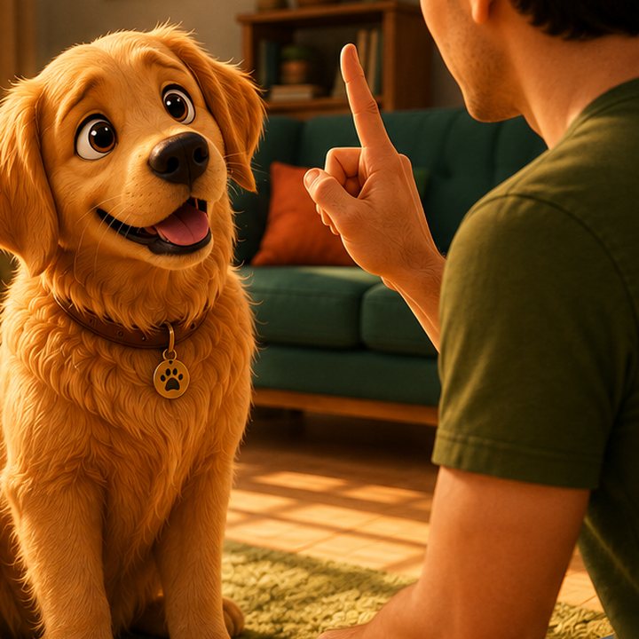 Golden retriever atento recebendo um comando do tutor em ambiente iluminado